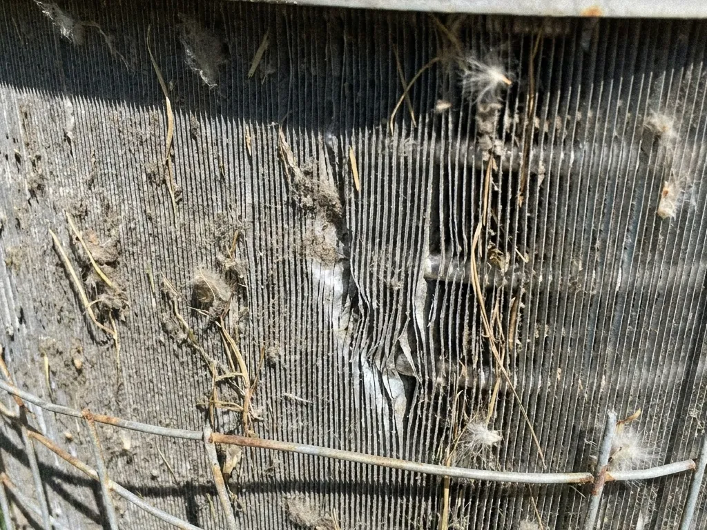 An outdoor condenser coil caked with dirt, lint and debris